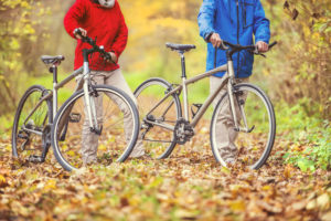 Active seniors walking with bikes