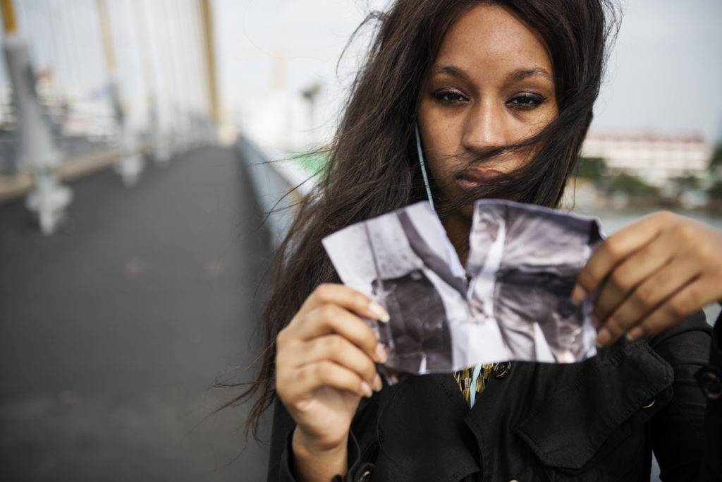 Woman Sadness Listening Music Tearing Photo Breakup