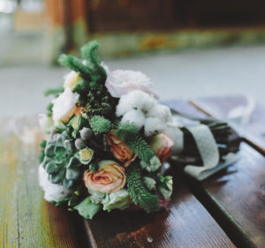 Wedding bouquet on a bench