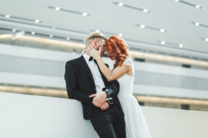 Wedding couple in a futuristic building
